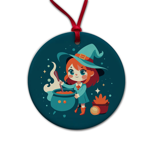 Cute Witch Stirring Cauldron Halloween Round Ceramic Holiday Christmas Tree Ornament