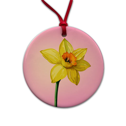 Daffodil Watercolor Yellow Round Ceramic Holiday Christmas Tree Ornament