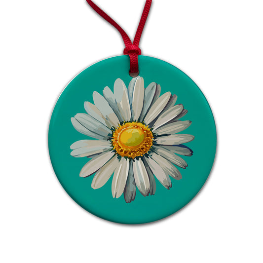 Daisy Daisies Flower White Round Ceramic Holiday Christmas Tree Ornament