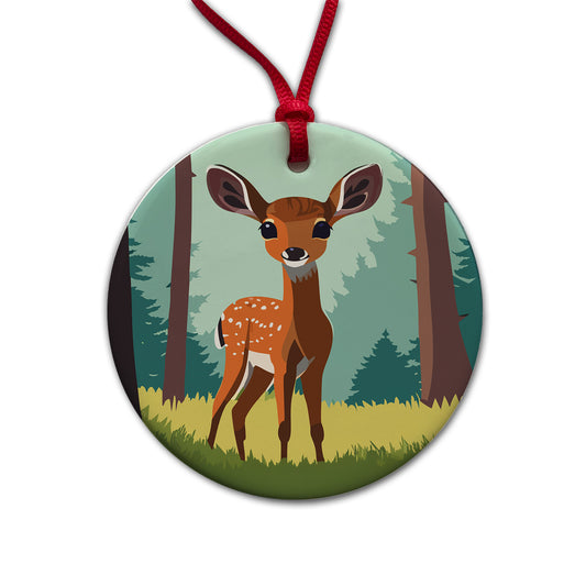 Deer Fawn Standing Round Ceramic Holiday Christmas Tree Ornament