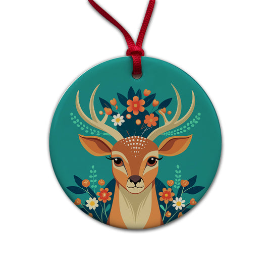 Deer Head Floral Flowers Round Ceramic Holiday Christmas Tree Ornament