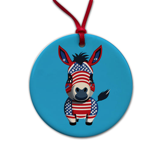 Democrat Donkey Patriotic Liberal Vote Cute Round Ceramic Holiday Christmas Tree Ornament