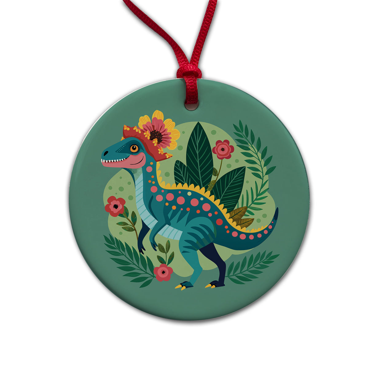 Dinosaur Floral Flowers Funny Round Ceramic Holiday Christmas Tree Ornament