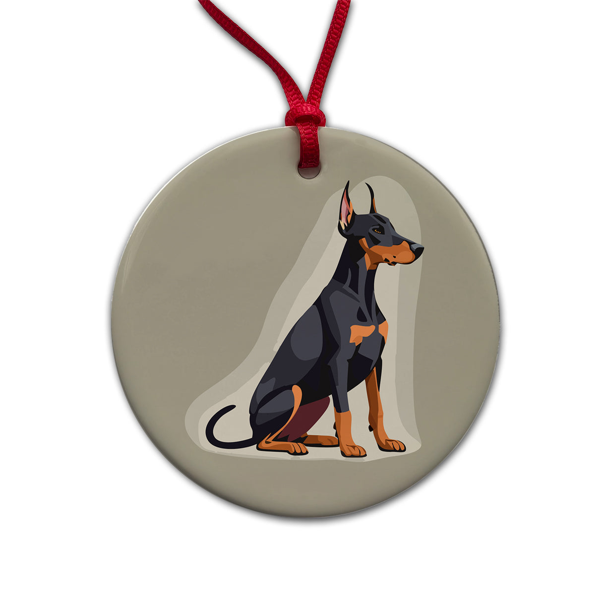 Doberman Dog Sitting Round Ceramic Holiday Christmas Tree Ornament