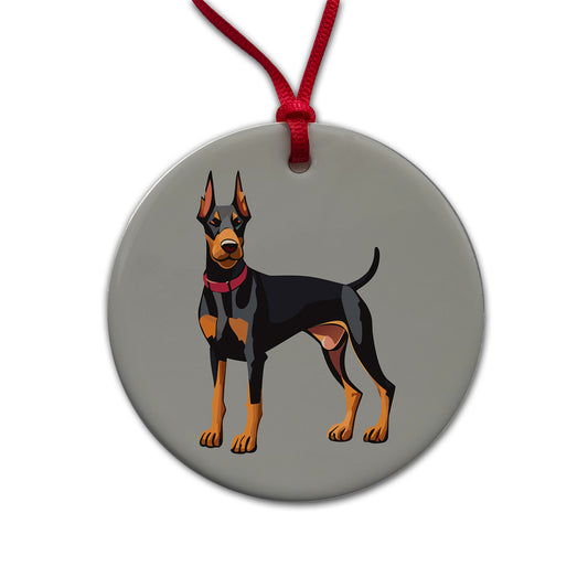 Doberman Dog Standing Round Ceramic Holiday Christmas Tree Ornament