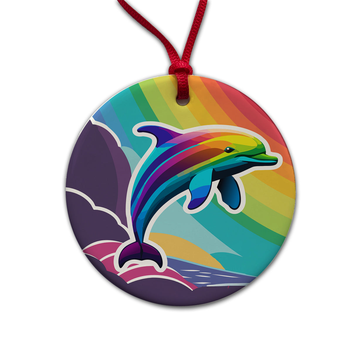 Dolphin Rainbow Cute Round Ceramic Holiday Christmas Tree Ornament
