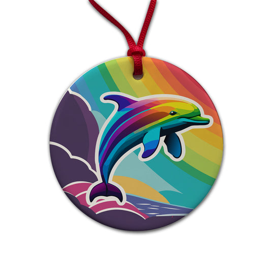 Dolphin Rainbow Cute Round Ceramic Holiday Christmas Tree Ornament
