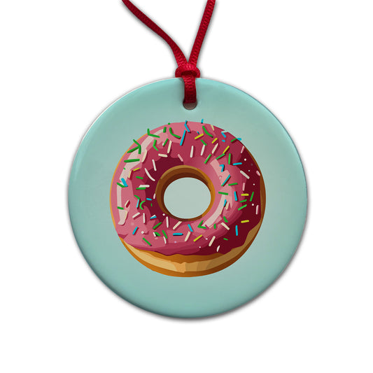 Donut Pink Sprinkles Round Ceramic Holiday Christmas Tree Ornament