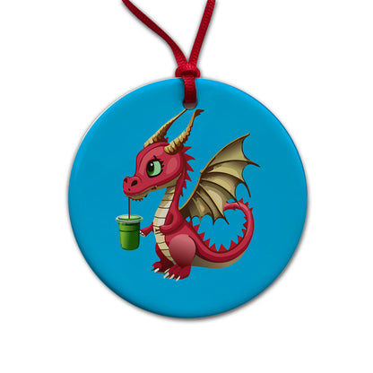 Dragon Drinking Boba Tea Funny Round Ceramic Holiday Christmas Tree Ornament