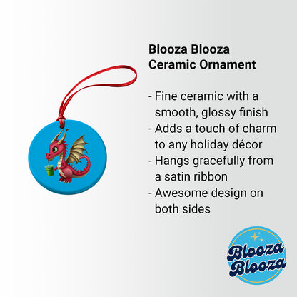 Dragon Drinking Boba Tea Funny Round Ceramic Holiday Christmas Tree Ornament