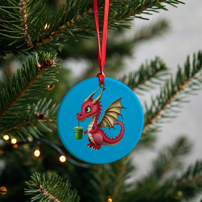 Dragon Drinking Boba Tea Funny Round Ceramic Holiday Christmas Tree Ornament