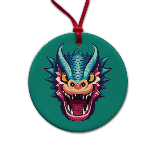 Dragon Face Angry Blue Round Ceramic Holiday Christmas Tree Ornament