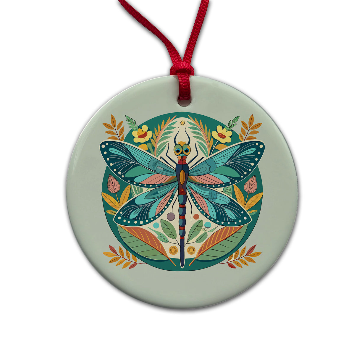 Dragonfly Floral Flowers Round Ceramic Holiday Christmas Tree Ornament
