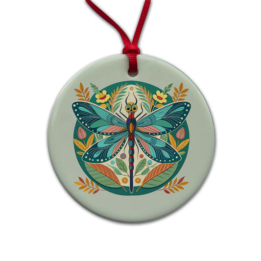 Dragonfly Floral Flowers Round Ceramic Holiday Christmas Tree Ornament