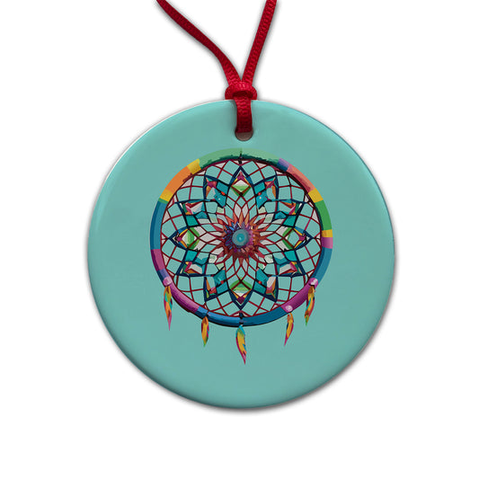 Dream Catcher Colorful Feathers Round Ceramic Holiday Christmas Tree Ornament
