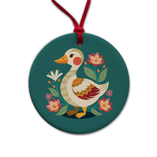 Duck Floral Flowers Round Ceramic Holiday Christmas Tree Ornament