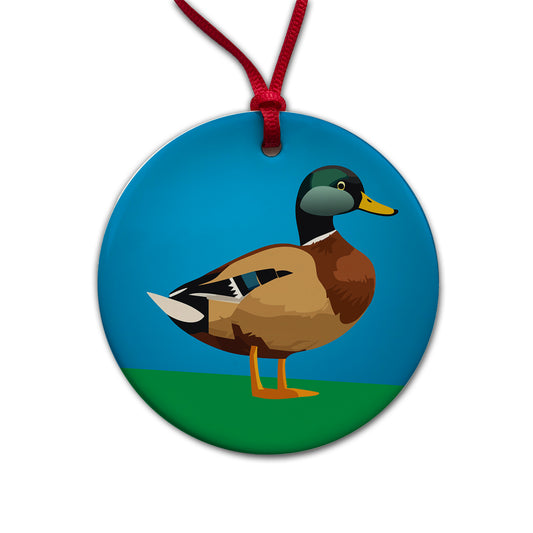 Duck Standing Profile Round Ceramic Holiday Christmas Tree Ornament
