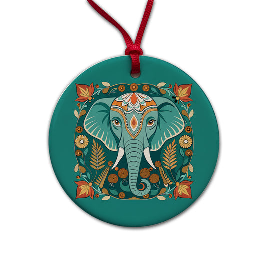Elephant Floral Art Nouveau Flowers Elegant Round Ceramic Holiday Christmas Tree Ornament