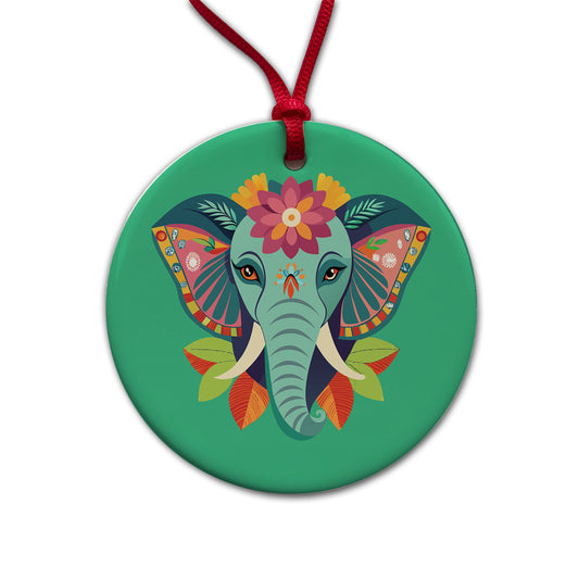 Elephant Head Floral Flowers Round Ceramic Holiday Christmas Tree Ornament