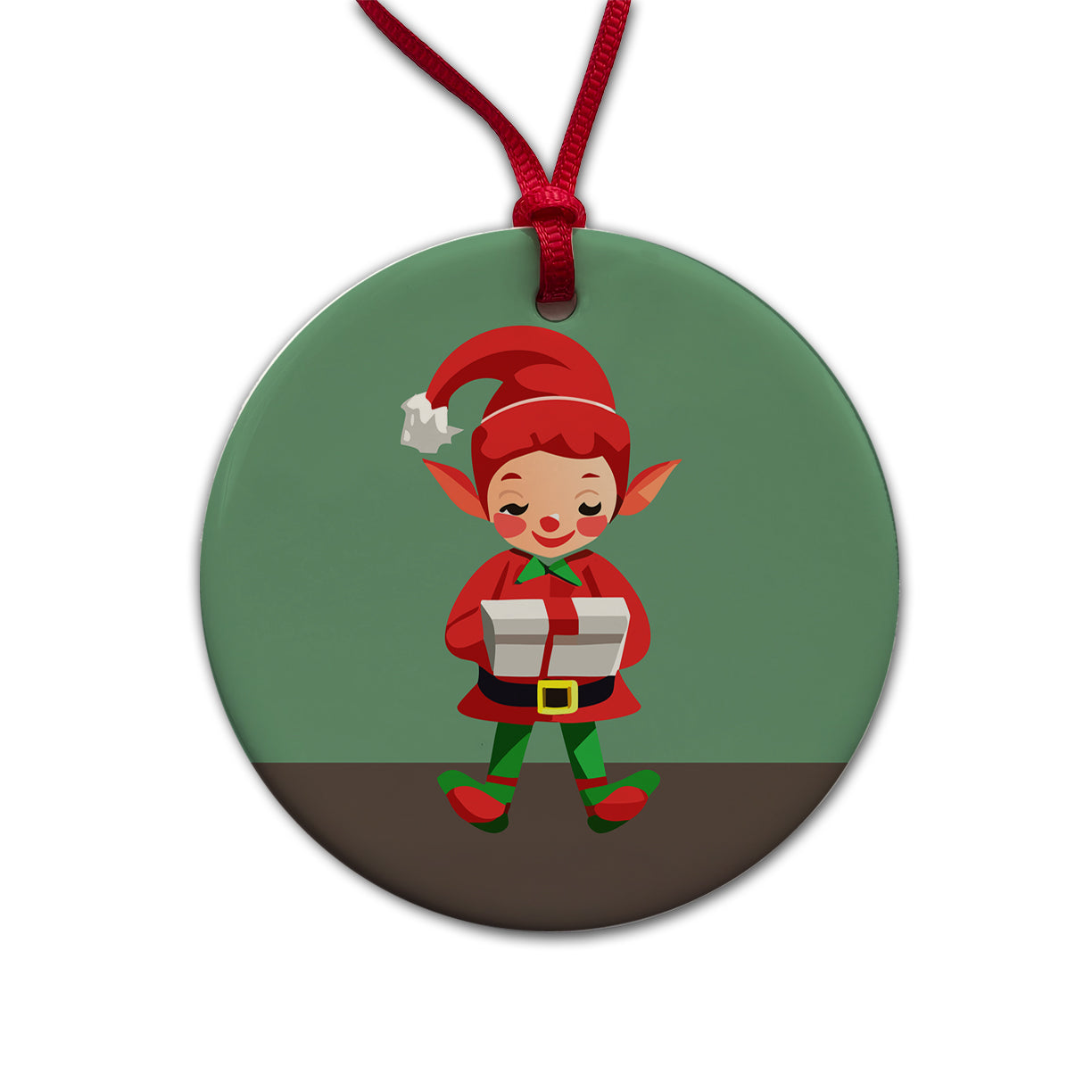 Elf Christmas Opening Present Round Ceramic Holiday Christmas Tree Ornament