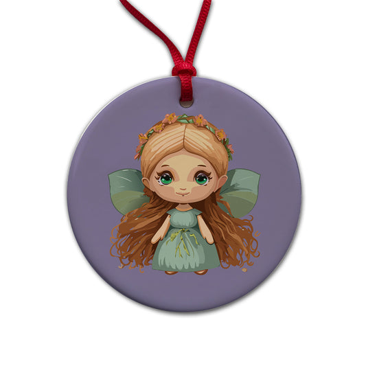 Fairy Cottagecore Pixie Round Ceramic Holiday Christmas Tree Ornament