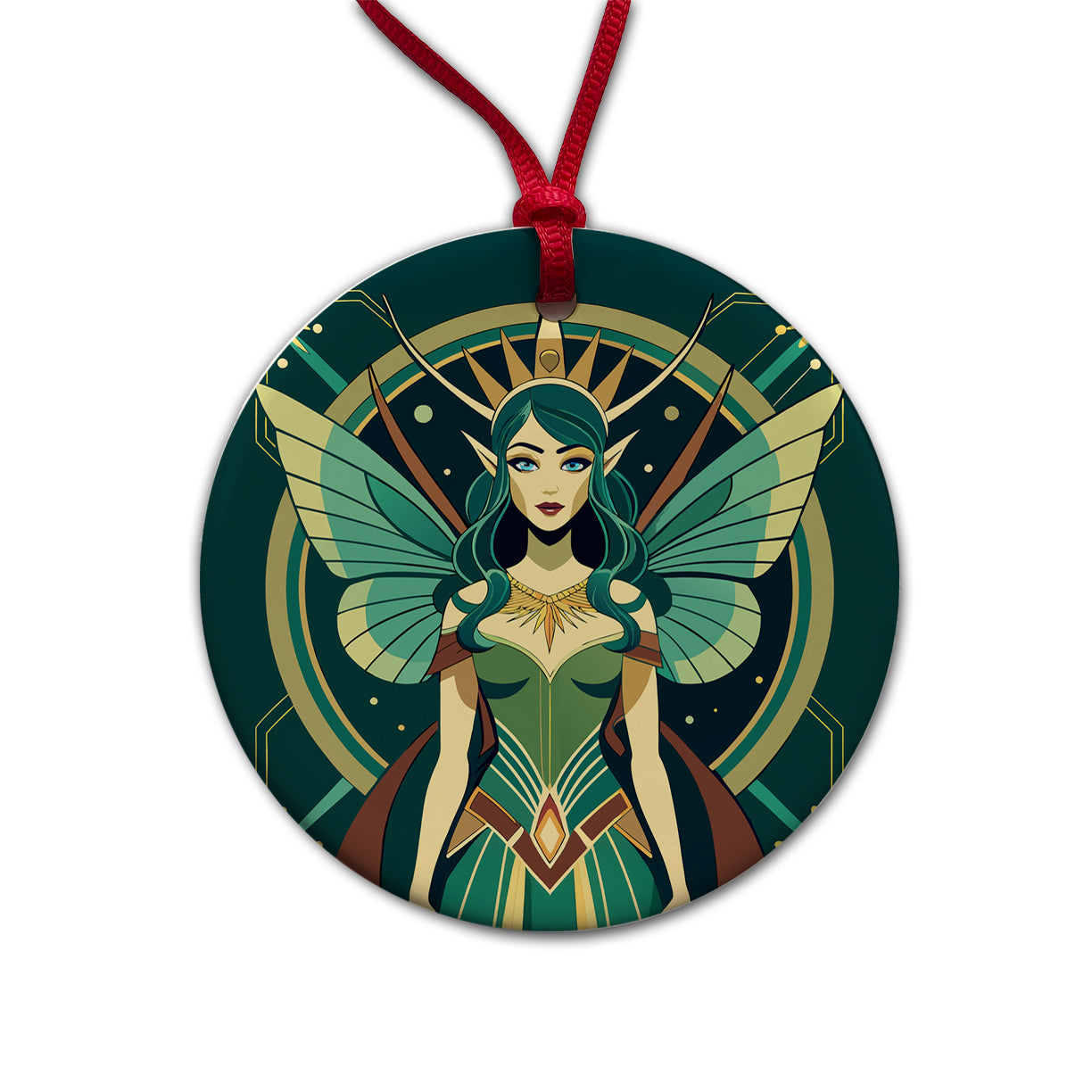 Fairy Nymph Art Deco Round Ceramic Holiday Christmas Tree Ornament