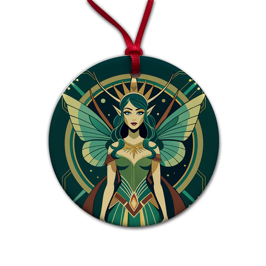 Fairy Nymph Art Deco Round Ceramic Holiday Christmas Tree Ornament