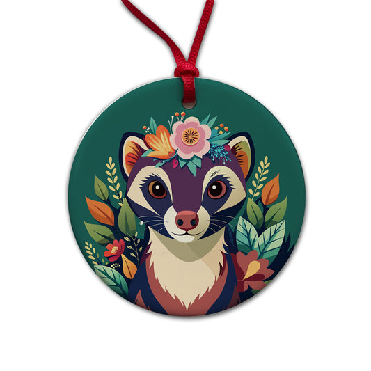 Ferret Head Floral Flowers Round Ceramic Holiday Christmas Tree Ornament