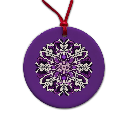 Floral Motif Mandala Purple Beautiful Round Ceramic Holiday Christmas Tree Ornament
