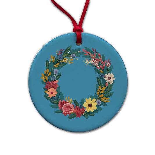 Floral Wreath Border Spring Round Ceramic Holiday Christmas Tree Ornament