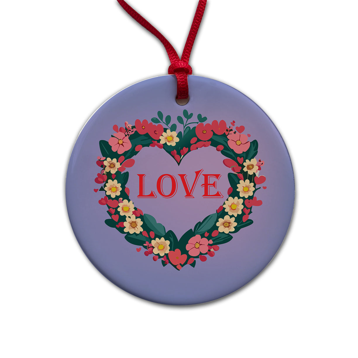 Flower Heart Love Wreath Floral Wedding Beautiful Round Ceramic Holiday Christmas Tree Ornament