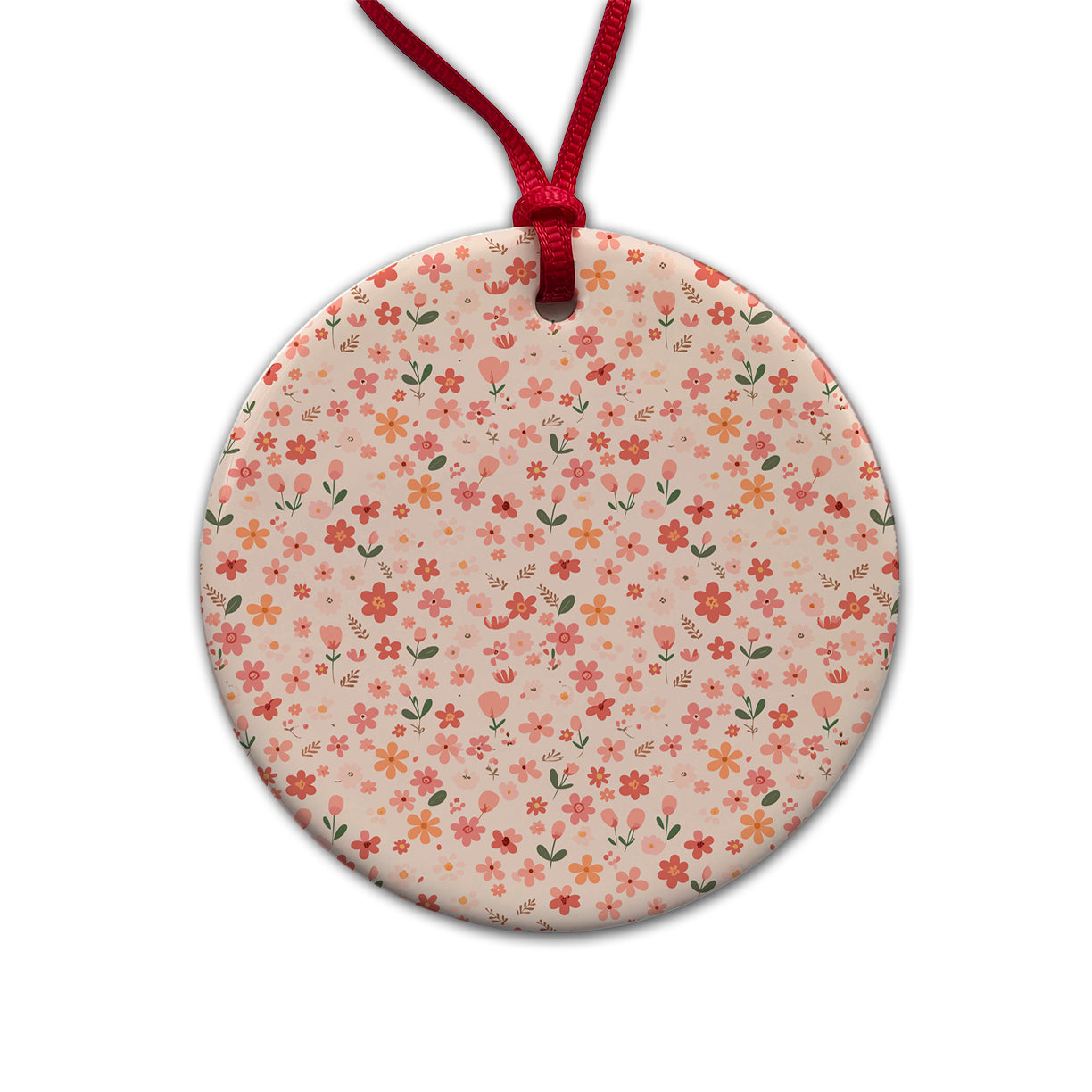 Flowers Peach Pink Cute Pattern Round Ceramic Holiday Christmas Tree Ornament