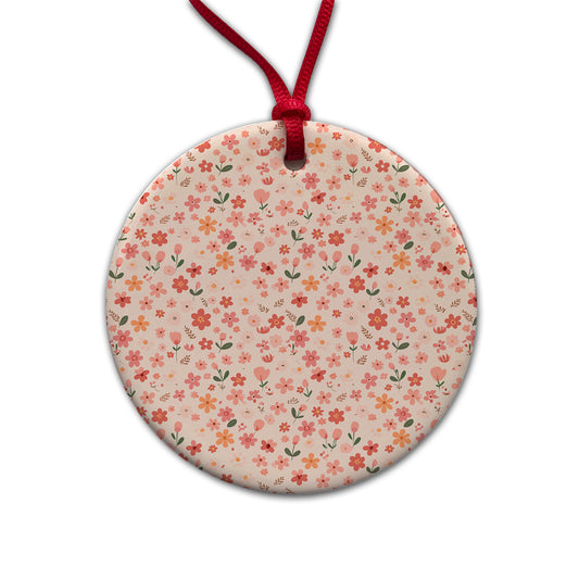 Flowers Peach Pink Cute Pattern Round Ceramic Holiday Christmas Tree Ornament