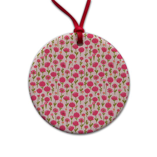 Flowers Pink Cute Pattern Round Ceramic Holiday Christmas Tree Ornament