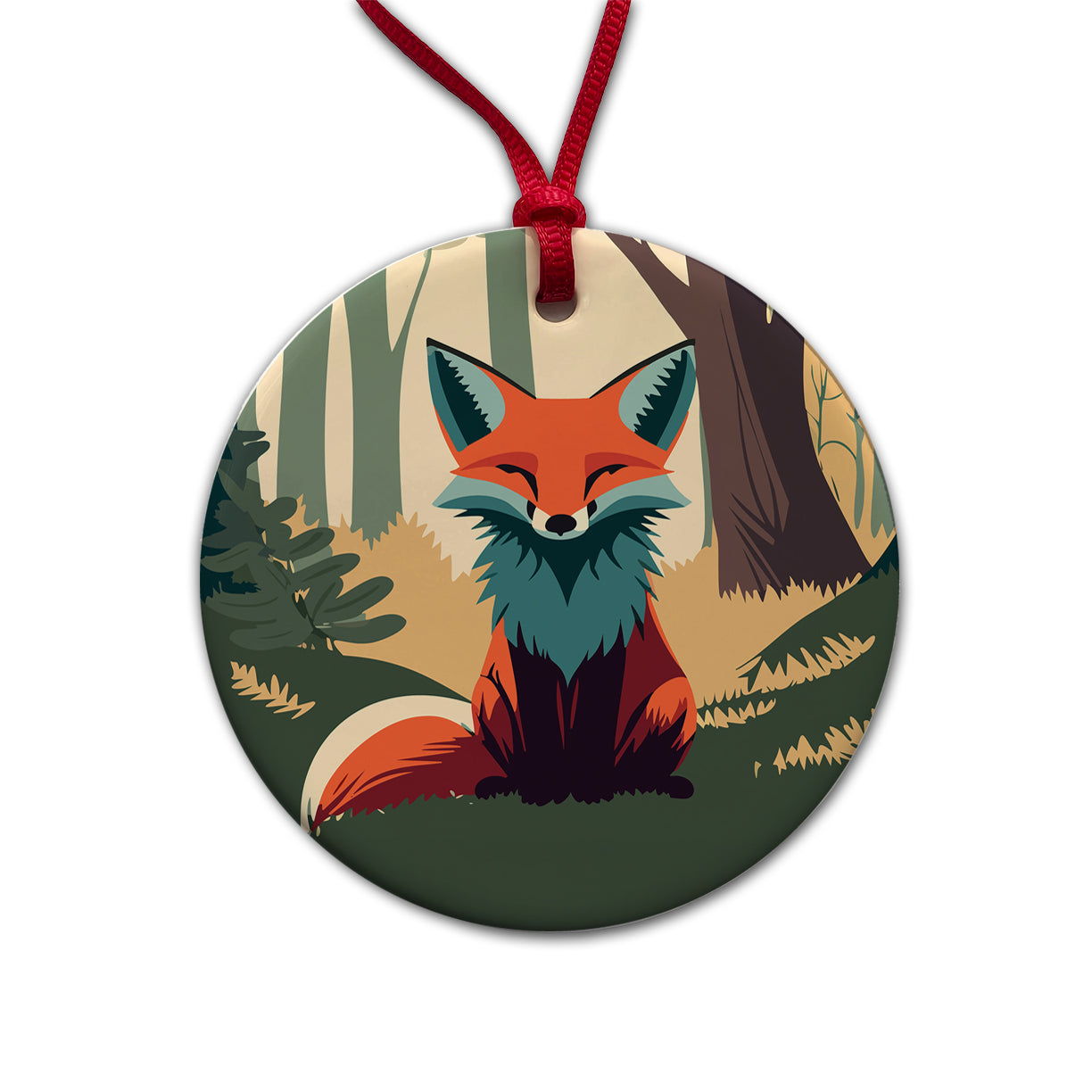 Fox in Forest Woodland Wilderness Round Ceramic Holiday Christmas Tree Ornament