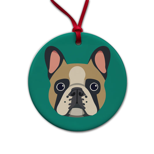 French Bulldog Face Round Ceramic Holiday Christmas Tree Ornament