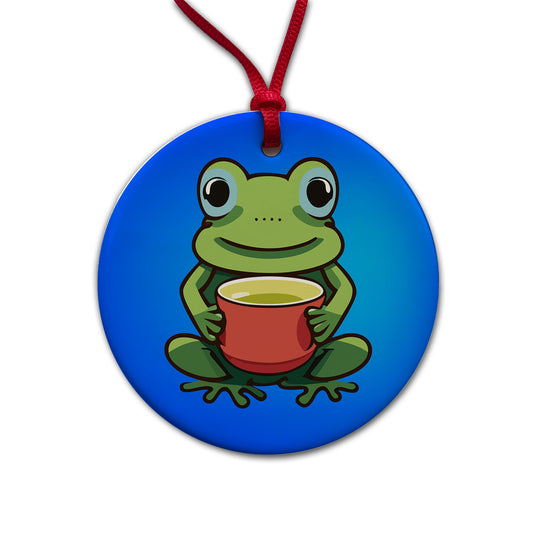 Frog Drinking Tea Funny Round Ceramic Holiday Christmas Tree Ornament