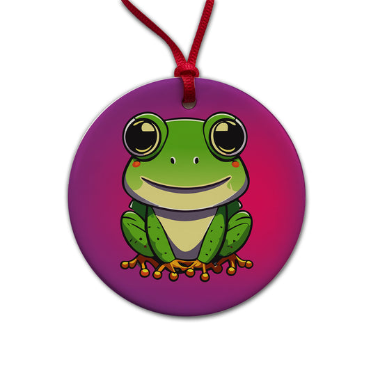 Frog Smiling Round Ceramic Holiday Christmas Tree Ornament