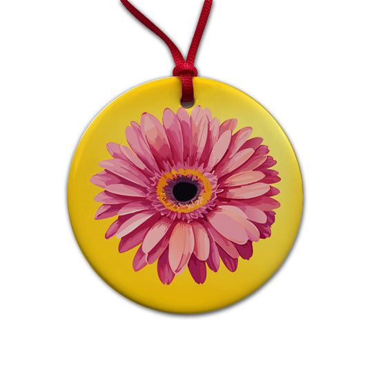 Gerbera Daisy Flower Pink Round Ceramic Holiday Christmas Tree Ornament