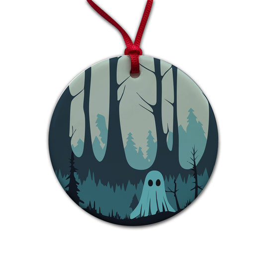 Ghost in Forest Woodland Cute Spooky Round Ceramic Holiday Christmas Tree Ornament
