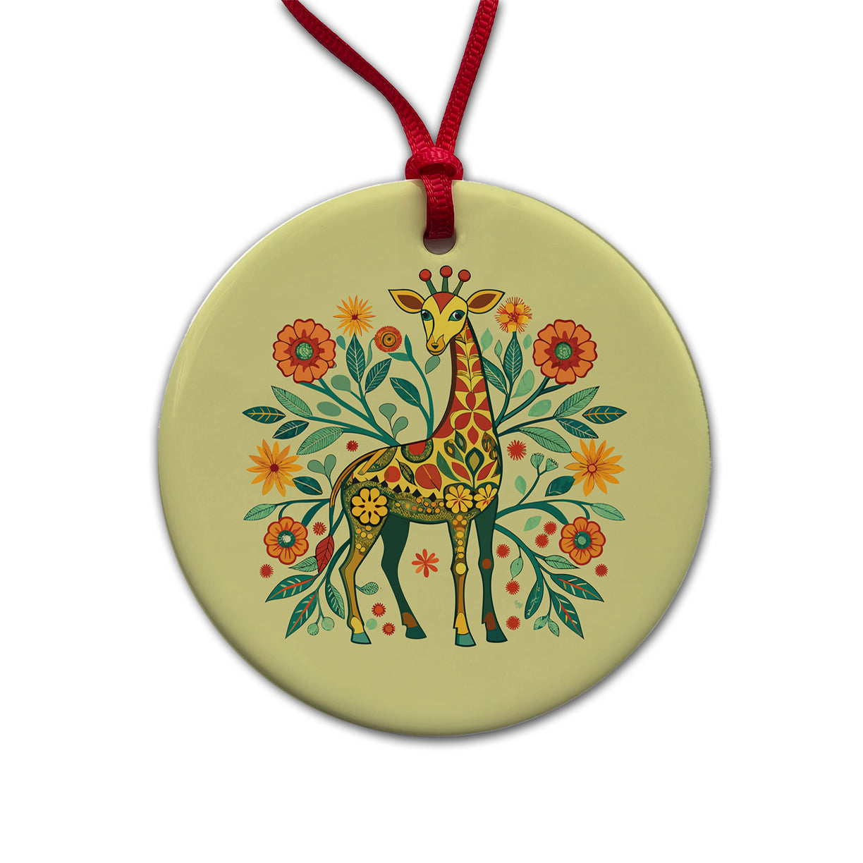 Giraffe Floral Art Nouveau Flowers Elegant Round Ceramic Holiday Christmas Tree Ornament