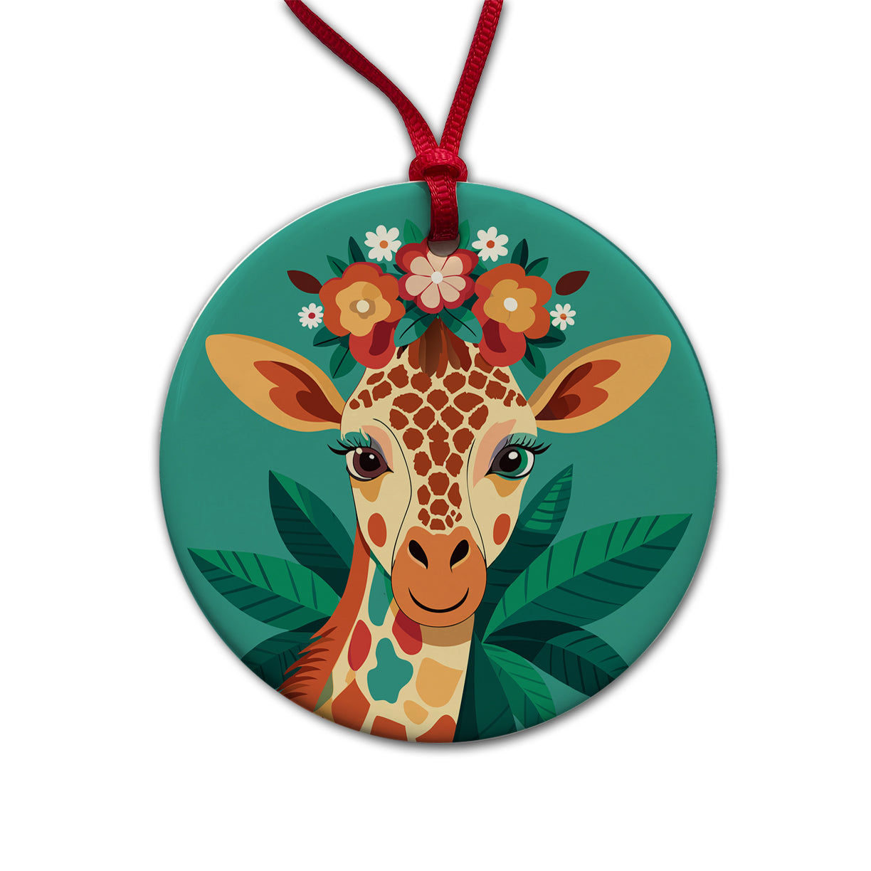 Giraffe Head Floral Flowers Round Ceramic Holiday Christmas Tree Ornament