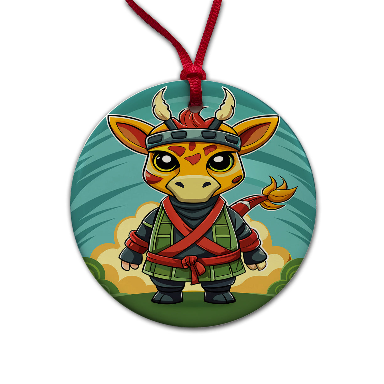Giraffe Ninja Fighter Funny Round Ceramic Holiday Christmas Tree Ornament