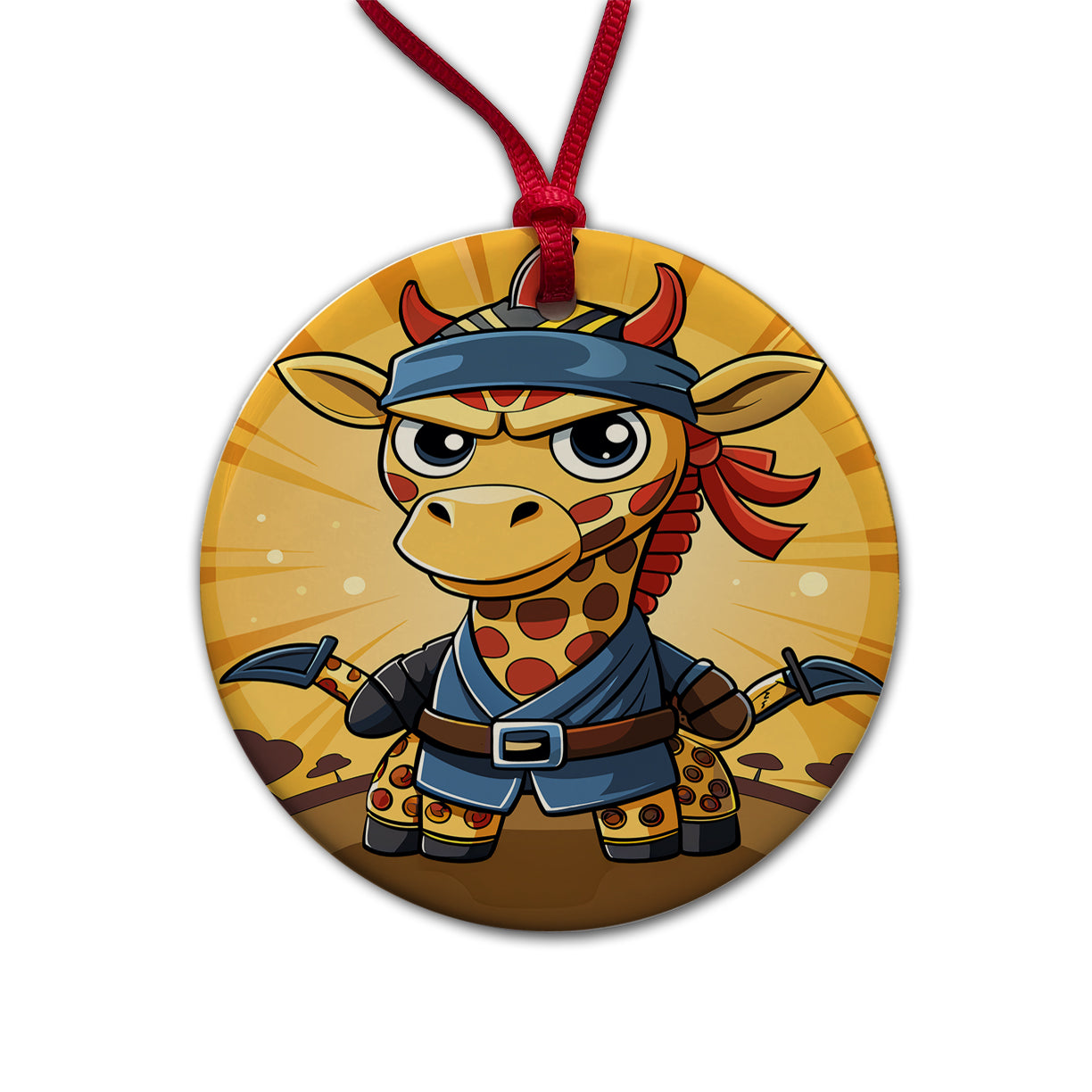 Giraffe Ninja Funny Round Ceramic Holiday Christmas Tree Ornament