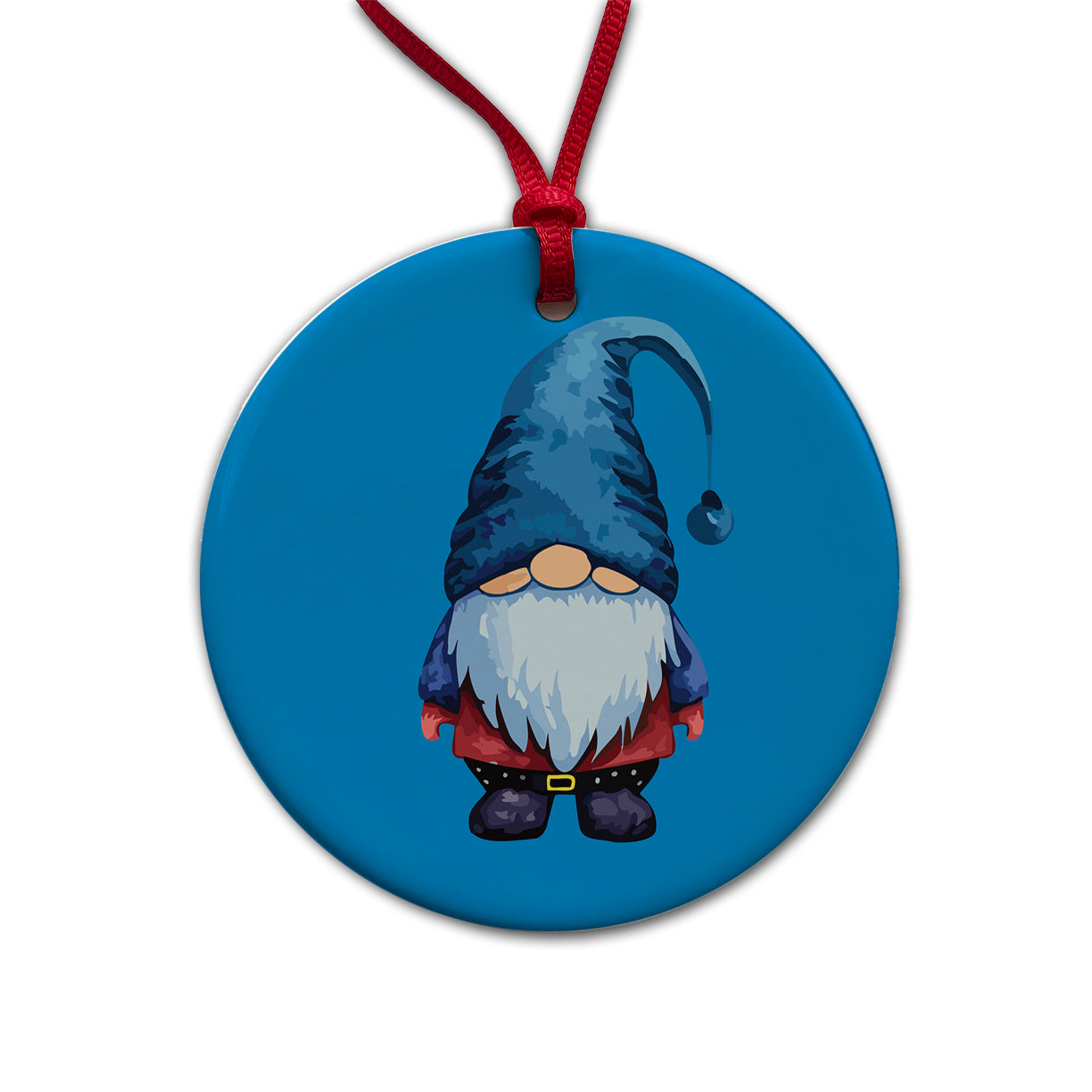 Gnome Standing Blue Hat Round Ceramic Holiday Christmas Tree Ornament