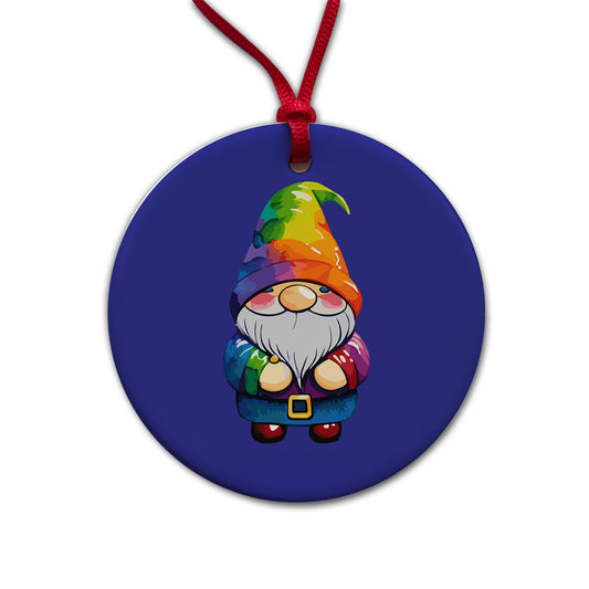 Gnome Standing Rainbow Round Ceramic Holiday Christmas Tree Ornament