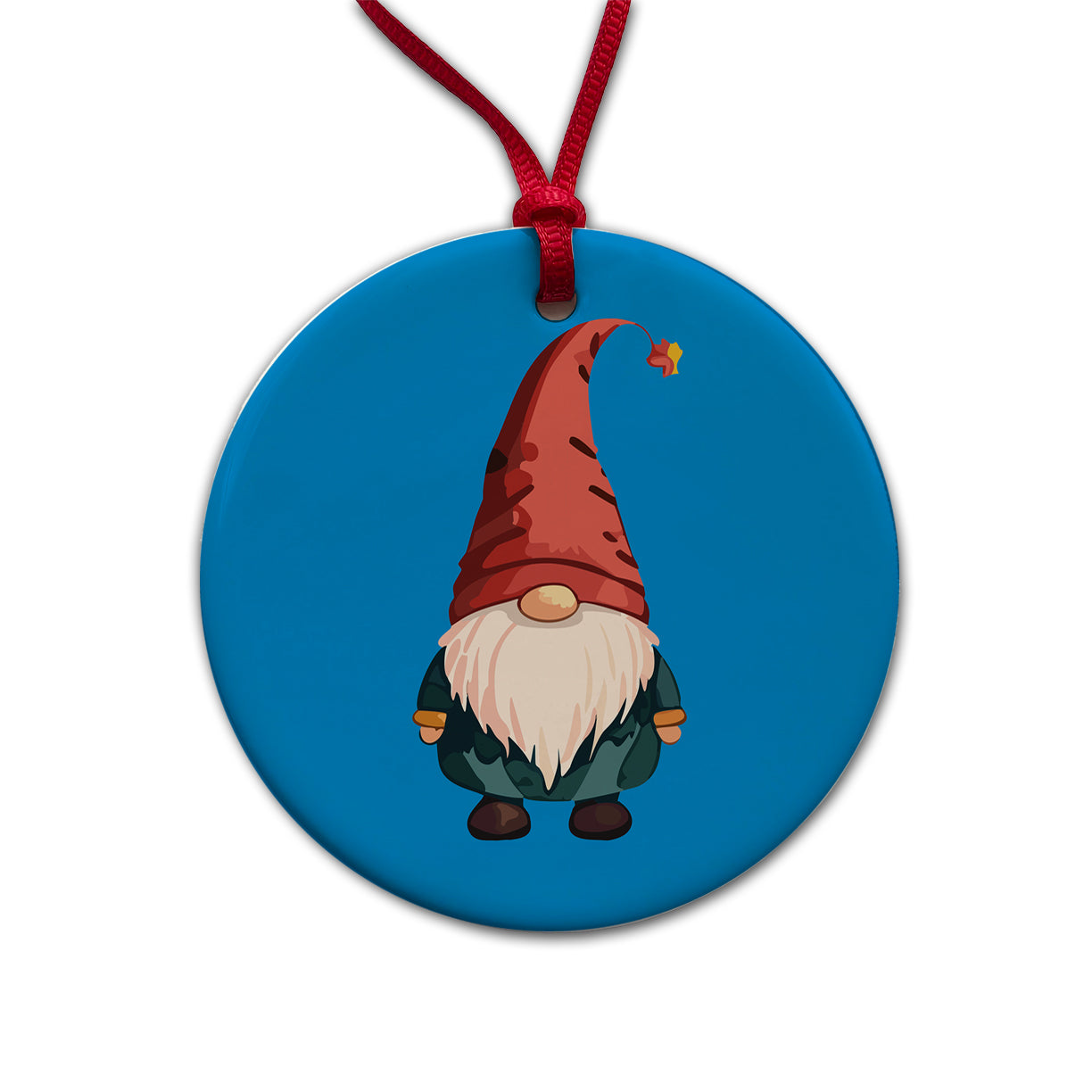Gnome Standing Red Hat Round Ceramic Holiday Christmas Tree Ornament