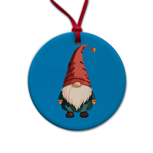 Gnome Standing Red Hat Round Ceramic Holiday Christmas Tree Ornament