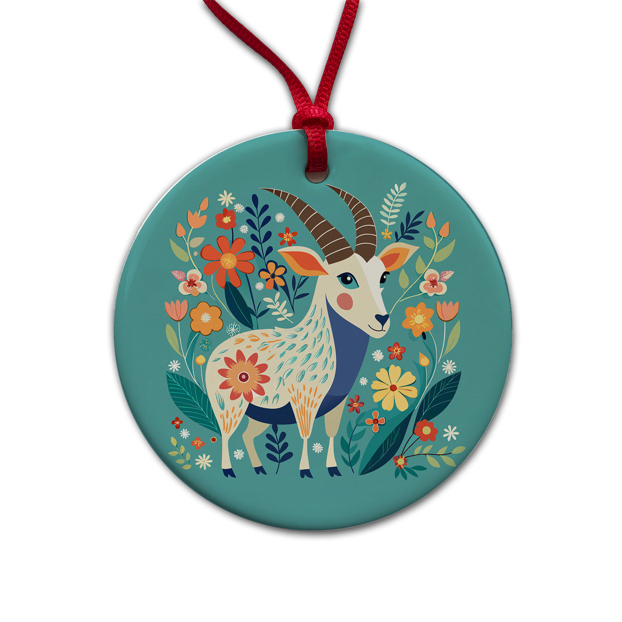 Goat Floral Flowers Round Ceramic Holiday Christmas Tree Ornament