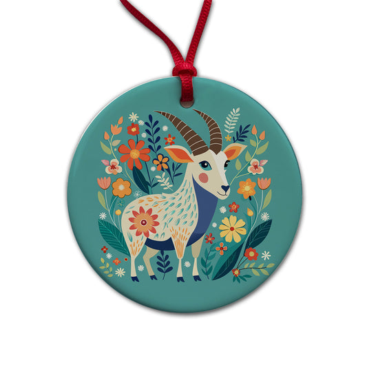 Goat Floral Flowers Round Ceramic Holiday Christmas Tree Ornament